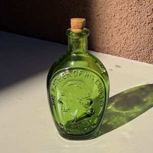 Vintage Wheaton Green Glass George Washington Bottle with cork, 3”